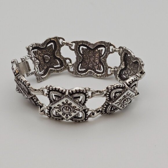 Brighton 7" Chunky Bracelet Medallion Panel Silver Tone Signed Vtg Raised Square - Picture 2 of 16